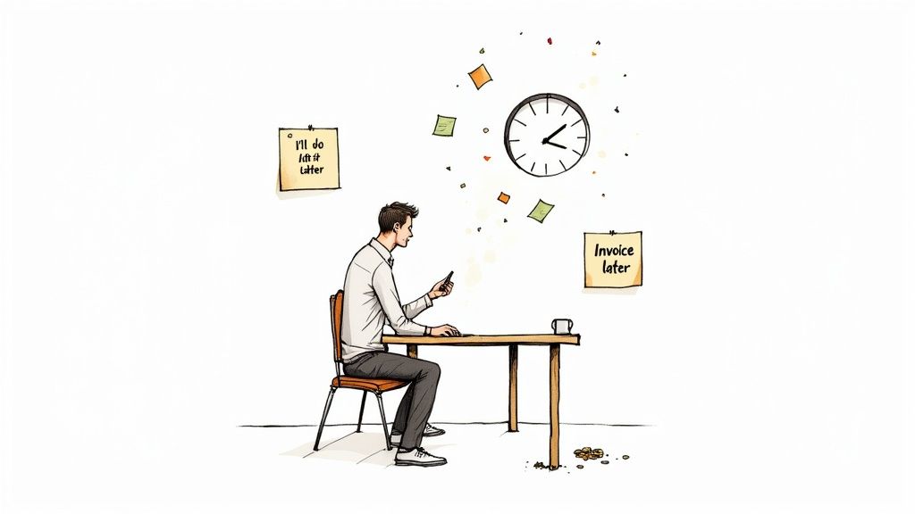 An illustration of a man procrastinating at a desk with 'later' sticky notes and a clock.