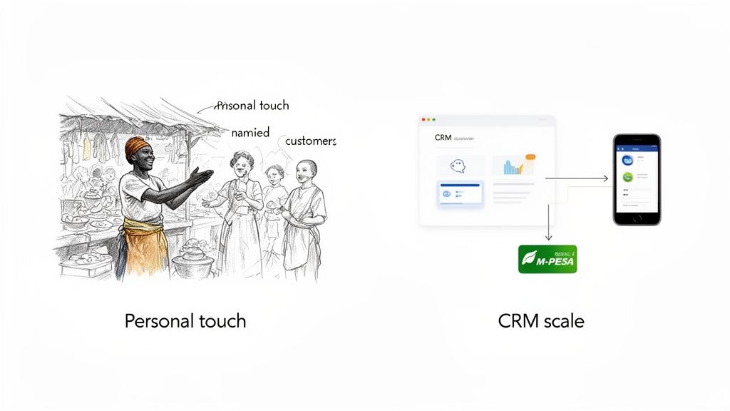 Illustration comparing a market vendor with customers to a digital CRM system and mobile payments.