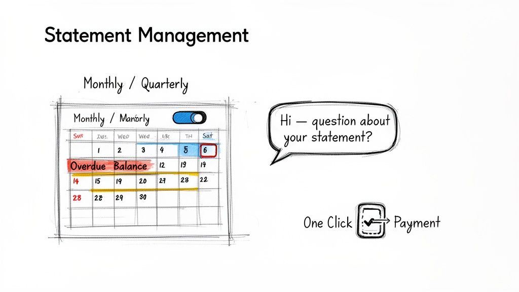 Illustration of statement management, featuring a calendar with overdue balance, payment options, and customer query.