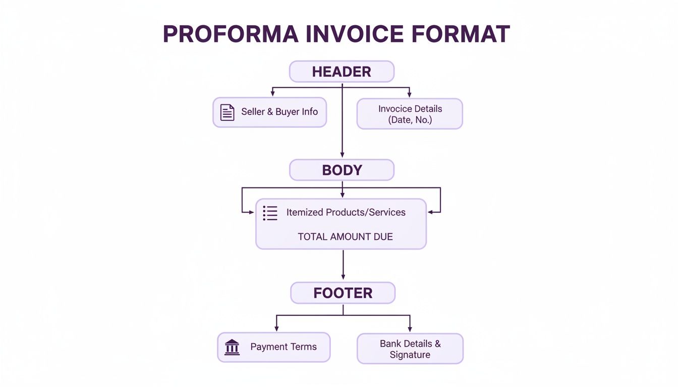 A flowchart visually outlining the essential components and structure of a proforma invoice, from header to footer.