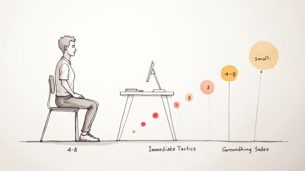 A person sitting calmly at their desk, practicing a breathing exercise.