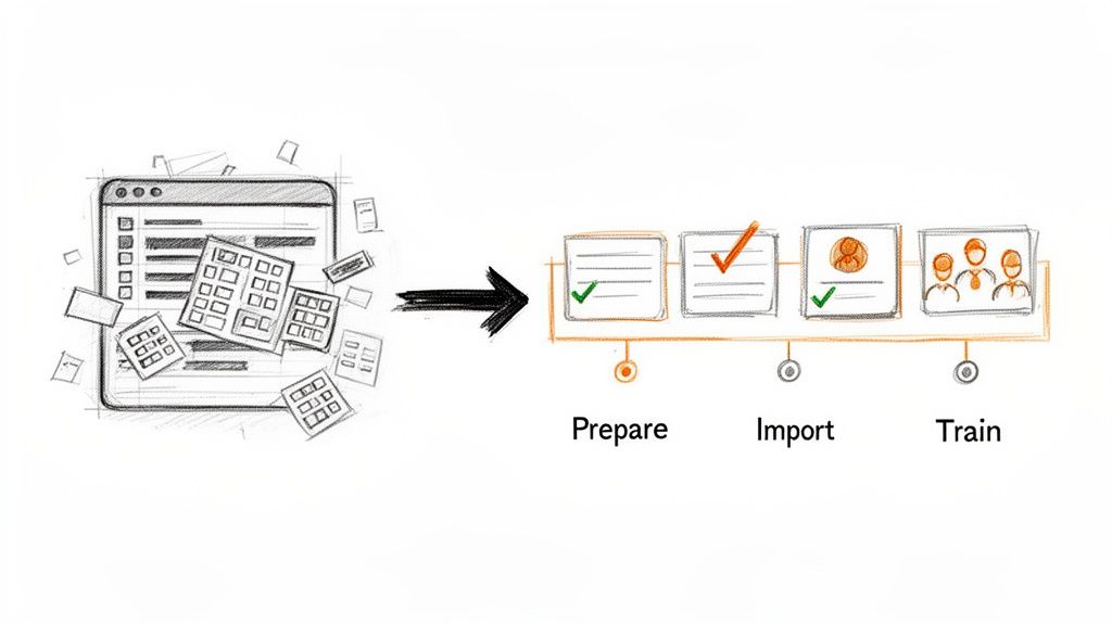 Diagram illustrating a data processing workflow, from raw data collection to prepare, import, and train stages.