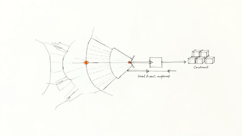 Strategic planning diagram showing workflow from constraint through funnel to small beams and final output