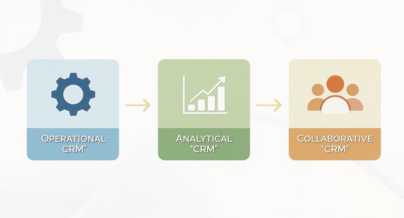 Infographic showing the three main types of CRM: Operational (gears icon), Analytical (chart icon), and Collaborative (people icon).