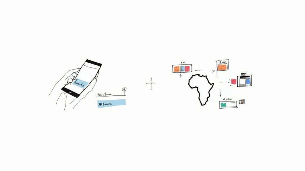 A hand holding a smartphone, illustrating mobile app data flow to and from the African continent.