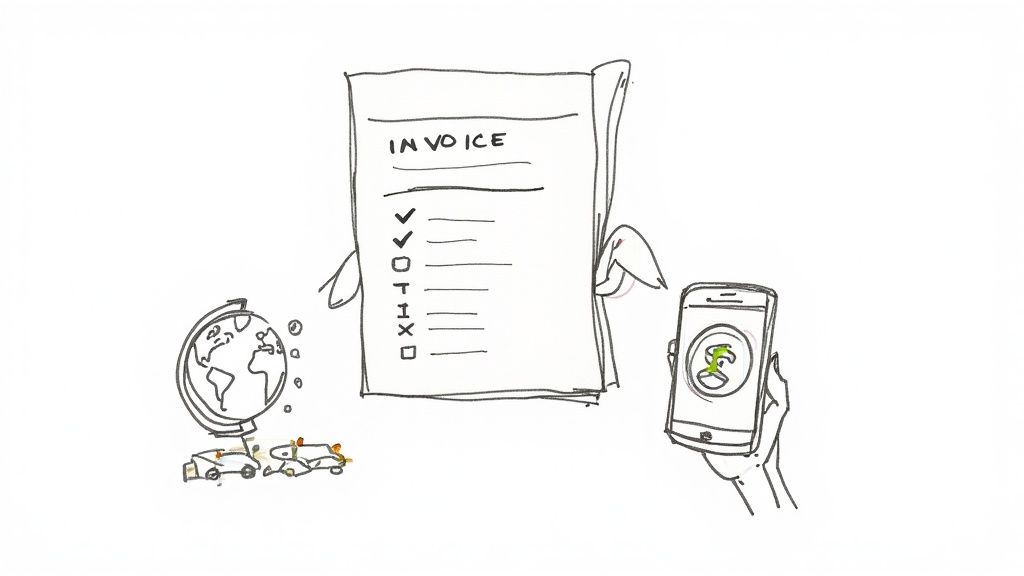 Hand-drawn illustration of an invoice document with a checklist, a globe with vehicles, and a smartphone.