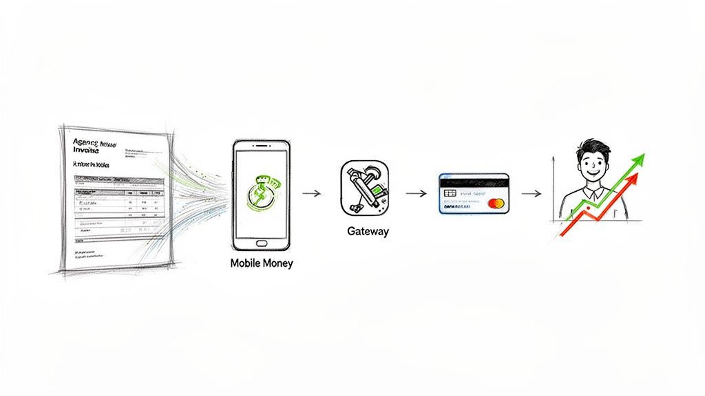 Diagram showing a financial payment flow from invoice to mobile money, gateway, credit card, and customer growth.