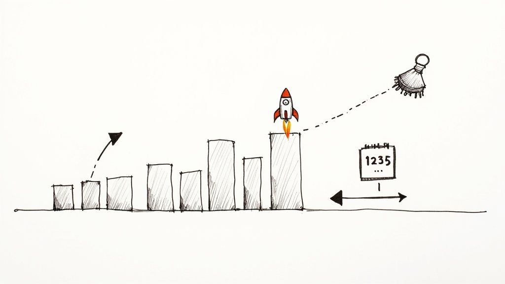 Ascending bar chart with rocket launch symbolizing business growth and upward financial trend