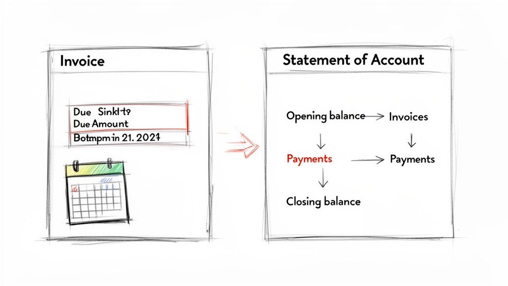 Diagram illustrates an invoice's connection to a statement of account, showing financial flow.