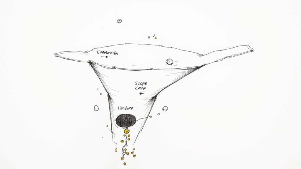Hand-drawn funnel diagram illustrating project challenges like communication, scope creep, and handoff leading to losses.