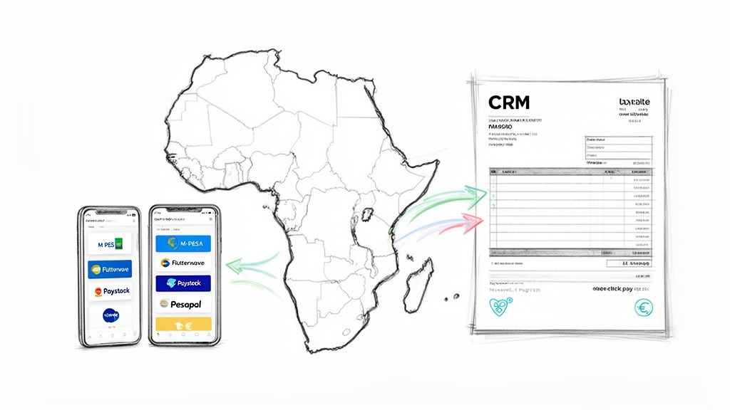 Diagram showing mobile payment apps, Africa map, and CRM for managing financial flows.