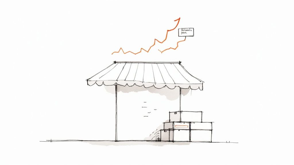 Sketch of market stall with awning showing upward trending growth chart representing cash flow statement