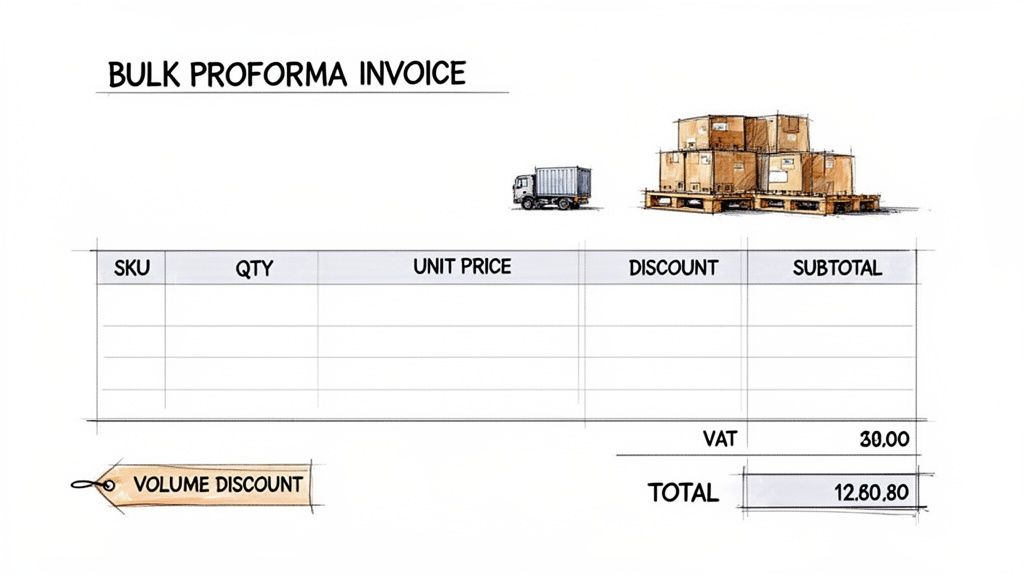 A sketch of a bulk proforma invoice with item details, VAT, and total, alongside illustrations of a truck and boxes.