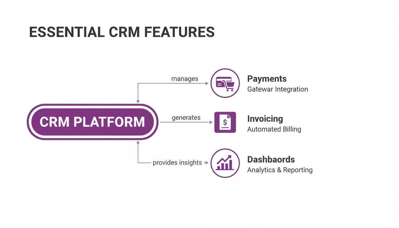 Diagram illustrating essential CRM platform features including payments, invoicing, and analytics dashboards with their functionalities.