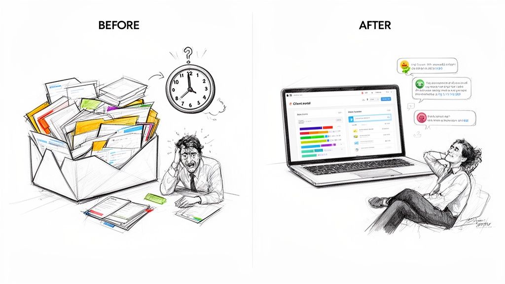 Before: a stressed man with piles of paper. After: a relaxed person with a client portal and happy clients.