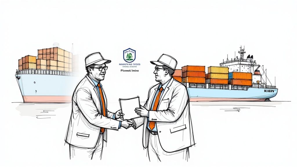 A shipping container being loaded at a port, representing international trade.