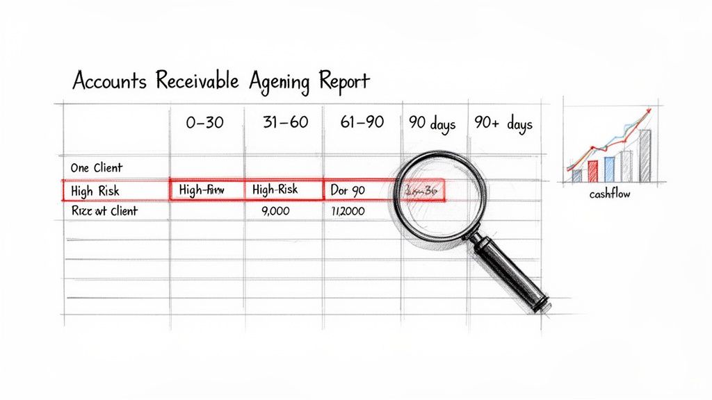 A hand-drawn Accounts Receivable Ageing Report showing overdue invoices and cash flow trends, with a magnifying glass highlighting an entry.