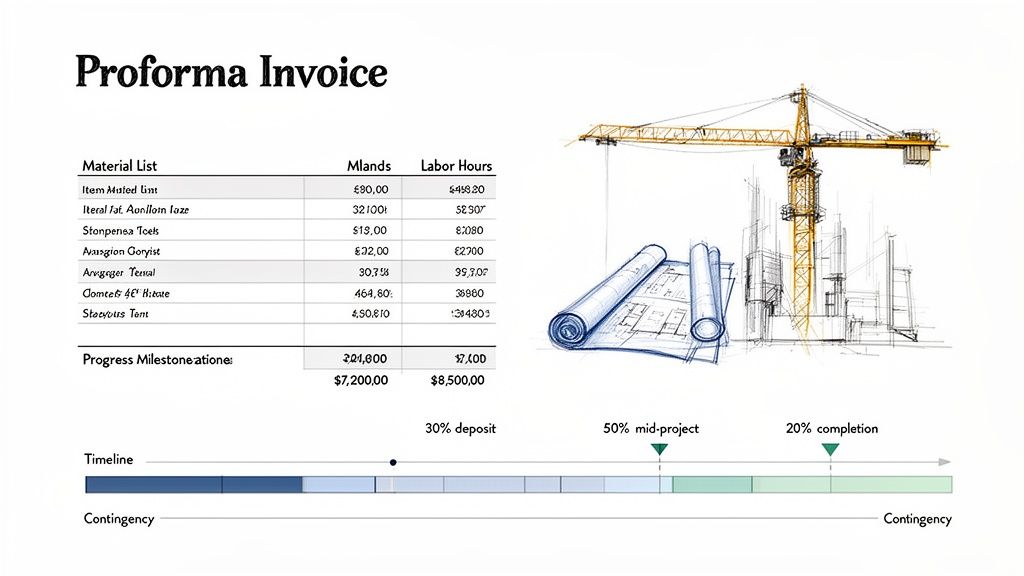 Proforma invoice for construction project showing material list, labor hours, progress milestones, and timeline.