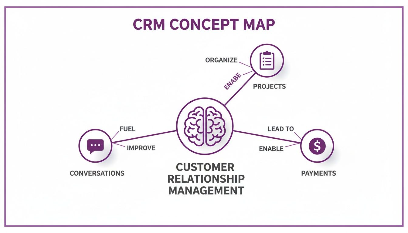 A CRM concept map illustrating customer relationship management's connection to conversations, projects, and payments.