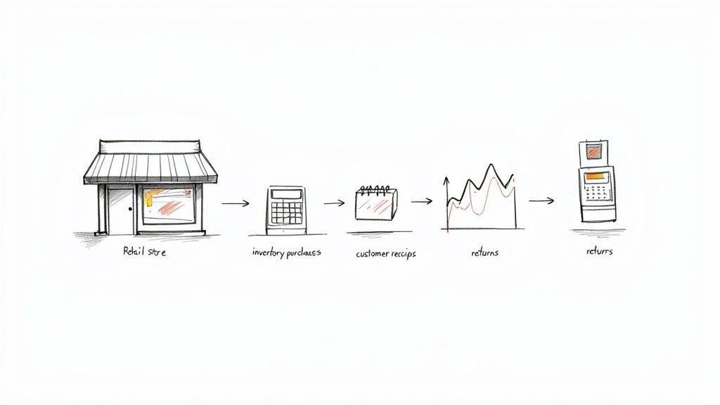 Retail business workflow diagram showing store operations from inventory purchases to customer receipts and financial returns