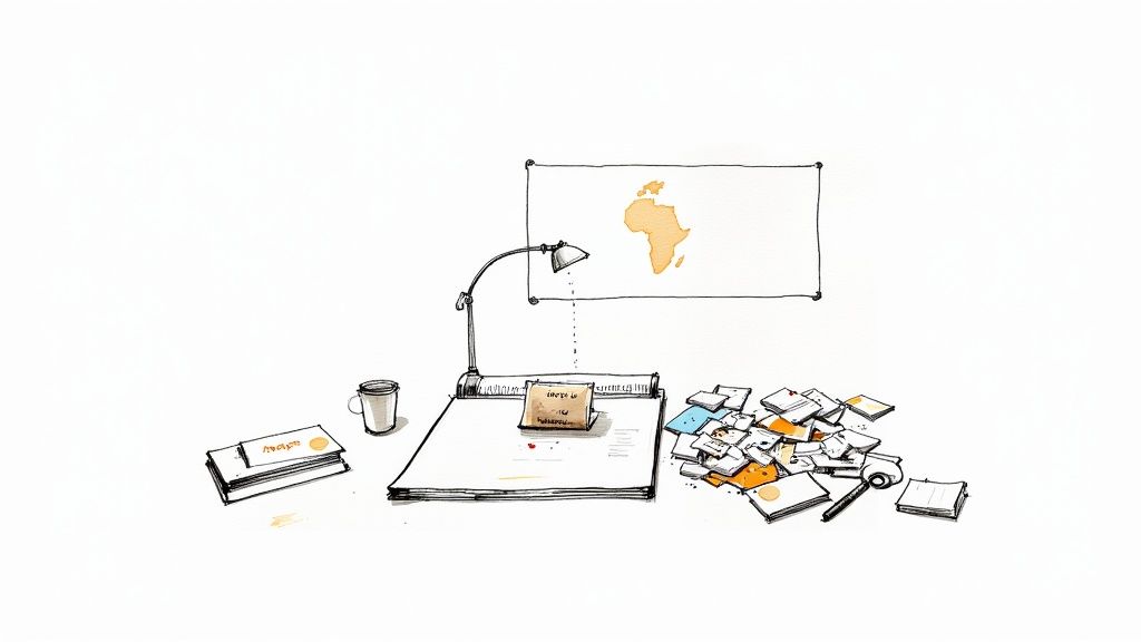 Organized desk workspace with typewriter, coffee, recipe box, scattered papers, and Africa map on wall