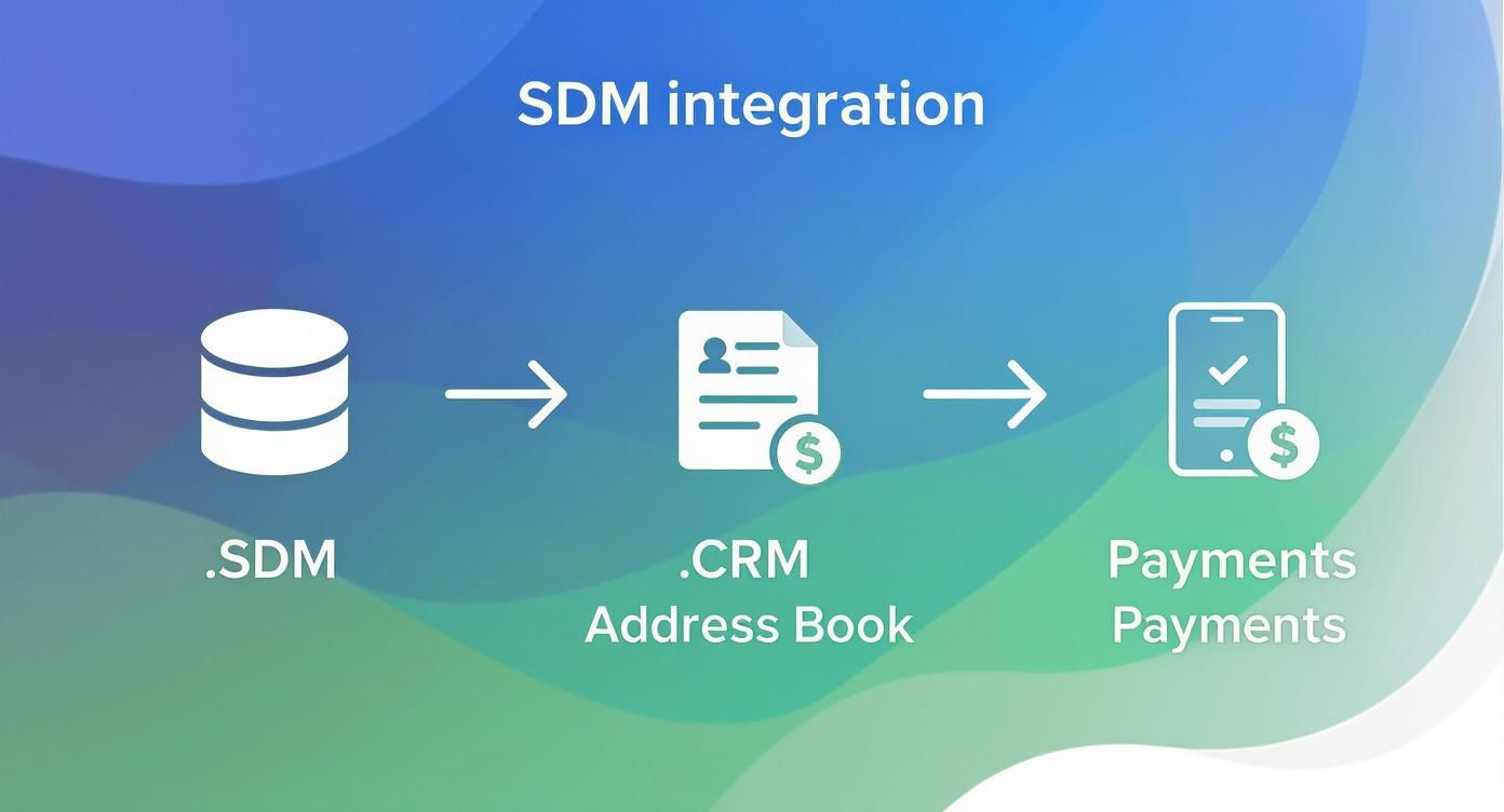 SDM integration workflow diagram showing data flow from database through CRM address book to payment processing