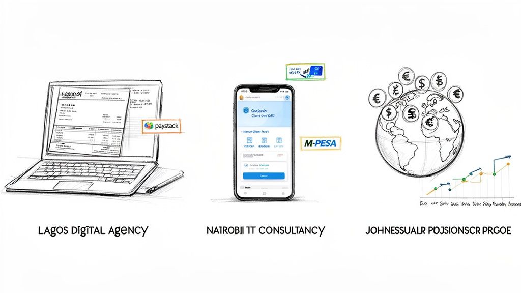 Sketches of a laptop with Paystack, a phone with M-Pesa, and a globe with various currencies.