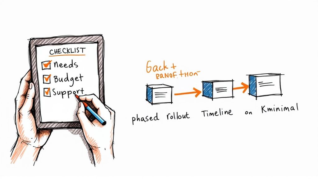 A professional guiding a colleague on a laptop, symbolising CRM implementation.