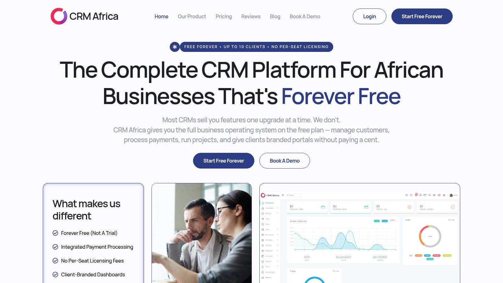 CRM Africa dashboard showing projects, invoices, and tasks in a clean interface.