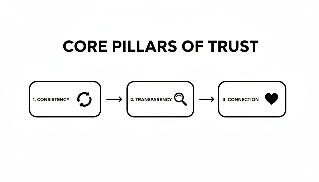 A diagram titled 'Core Pillars of Trust' showing three connected boxes: 1. Consistency, 2. Transparency, 3. Connection.