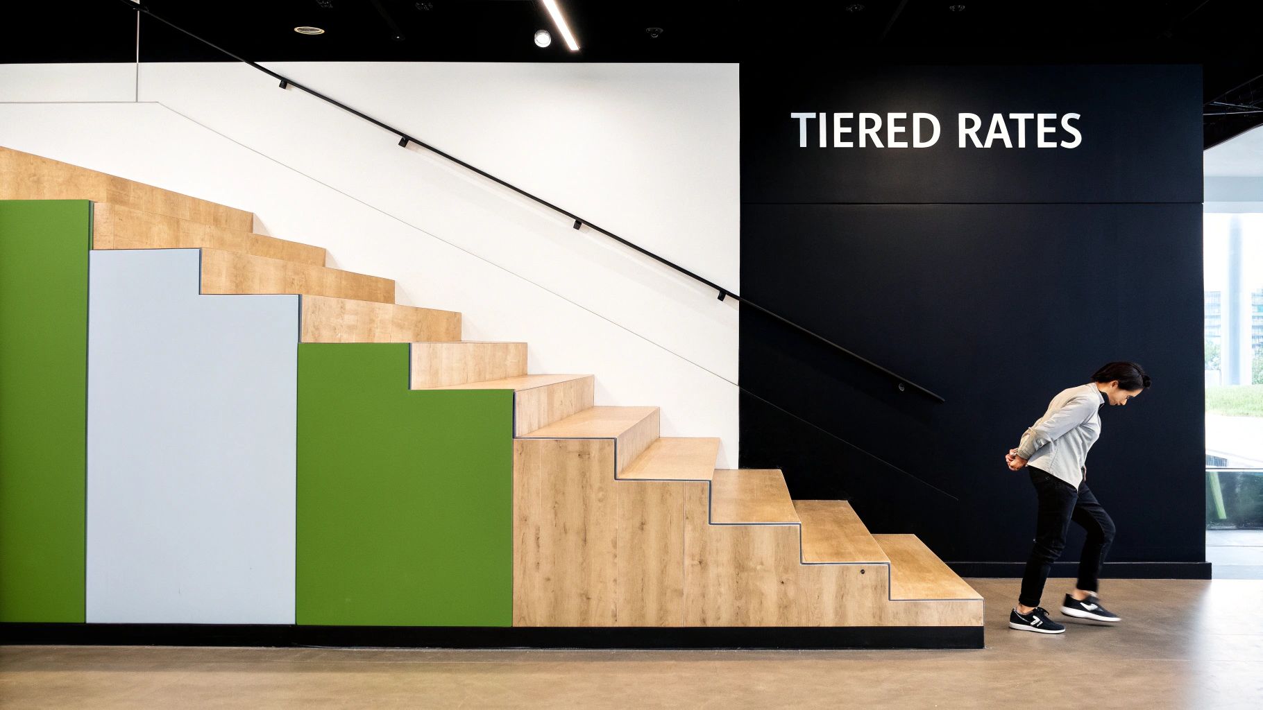 A person walks by a modern tiered staircase with green and blue panels, next to a "TIERED RATES" sign.