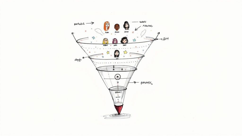A magnifying glass hovering over a network of user profiles, symbolizing the process of finding and listening to ideal customers on social media.
