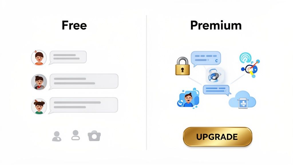 An image comparing free versus premium pricing plans for a communication app, highlighting basic features for free and advanced, secure options for premium.