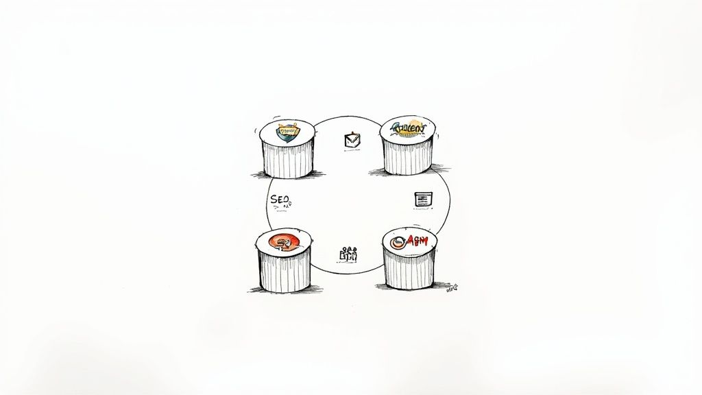 A hand-drawn diagram illustrating a demand generation marketing cycle with SEO, Audience, AdWords, and ABM components.