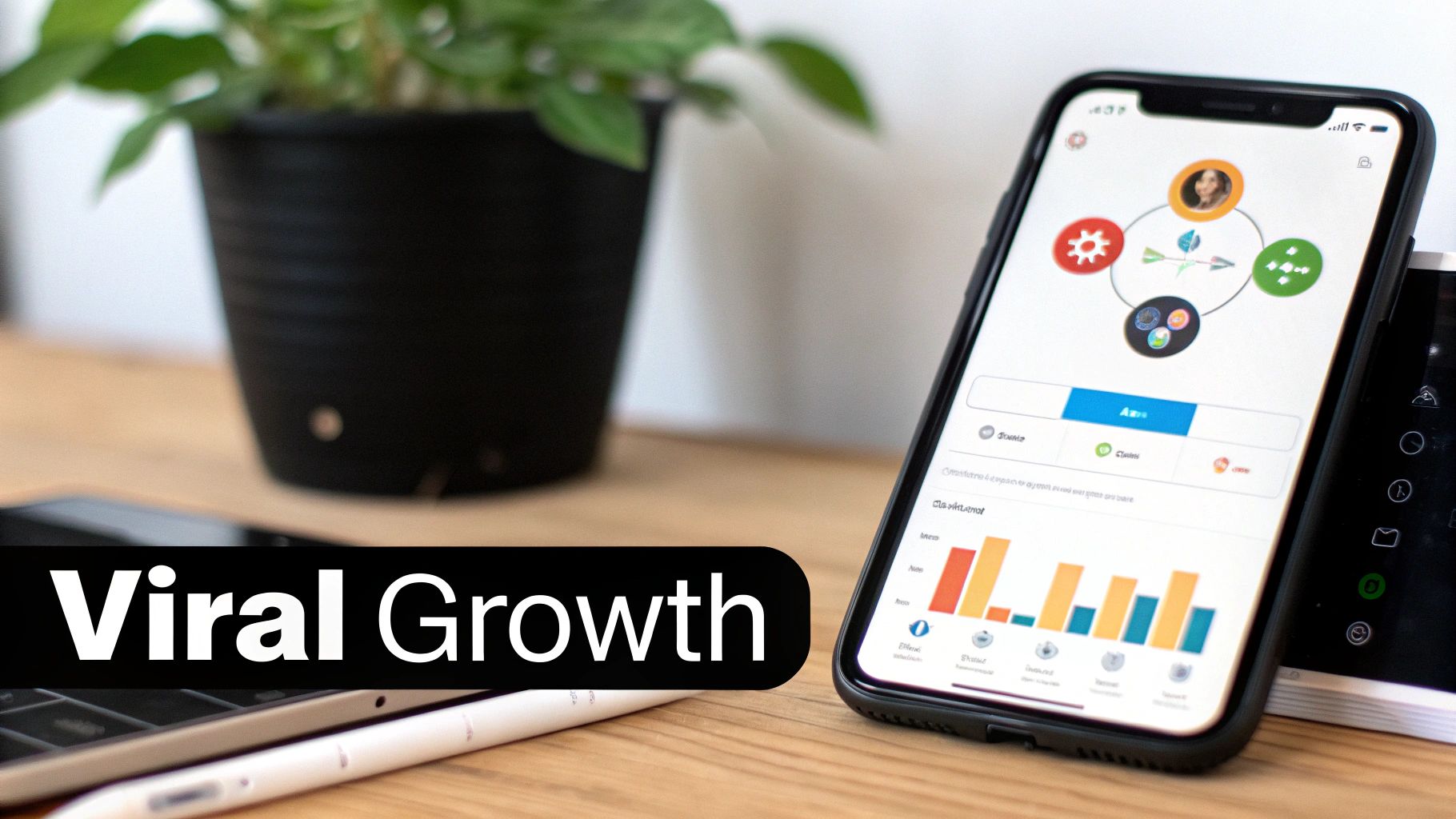A smartphone displays 'Viral Growth' analytics with a user profile and bar graphs, next to a plant.