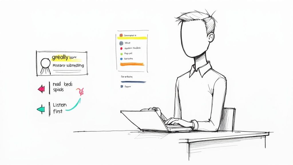 A hand-drawn sketch of a person at a desk, typing on a laptop, surrounded by research notes and a workflow diagram.