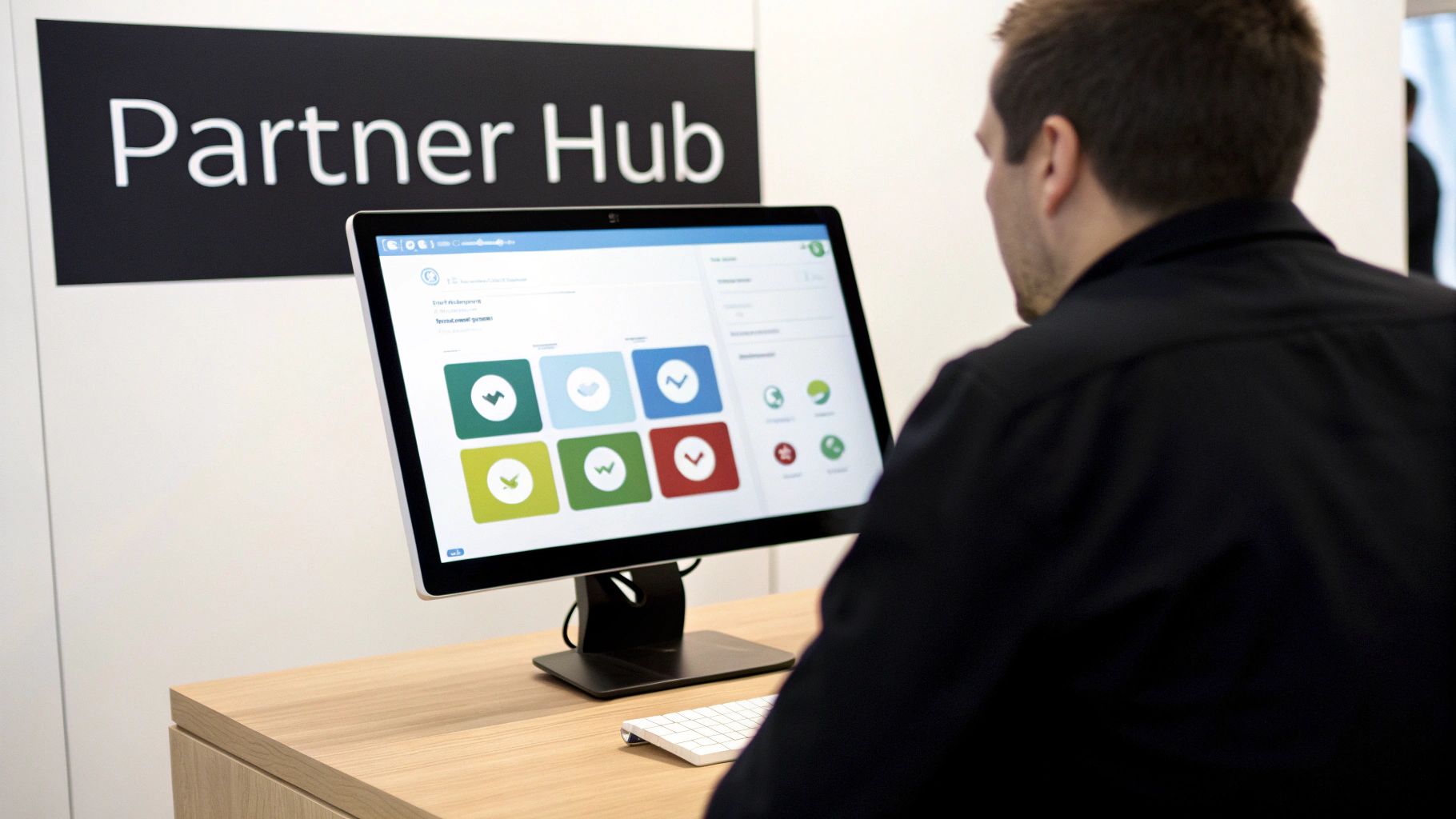 A person views a computer screen displaying a partner management dashboard with colorful icons.