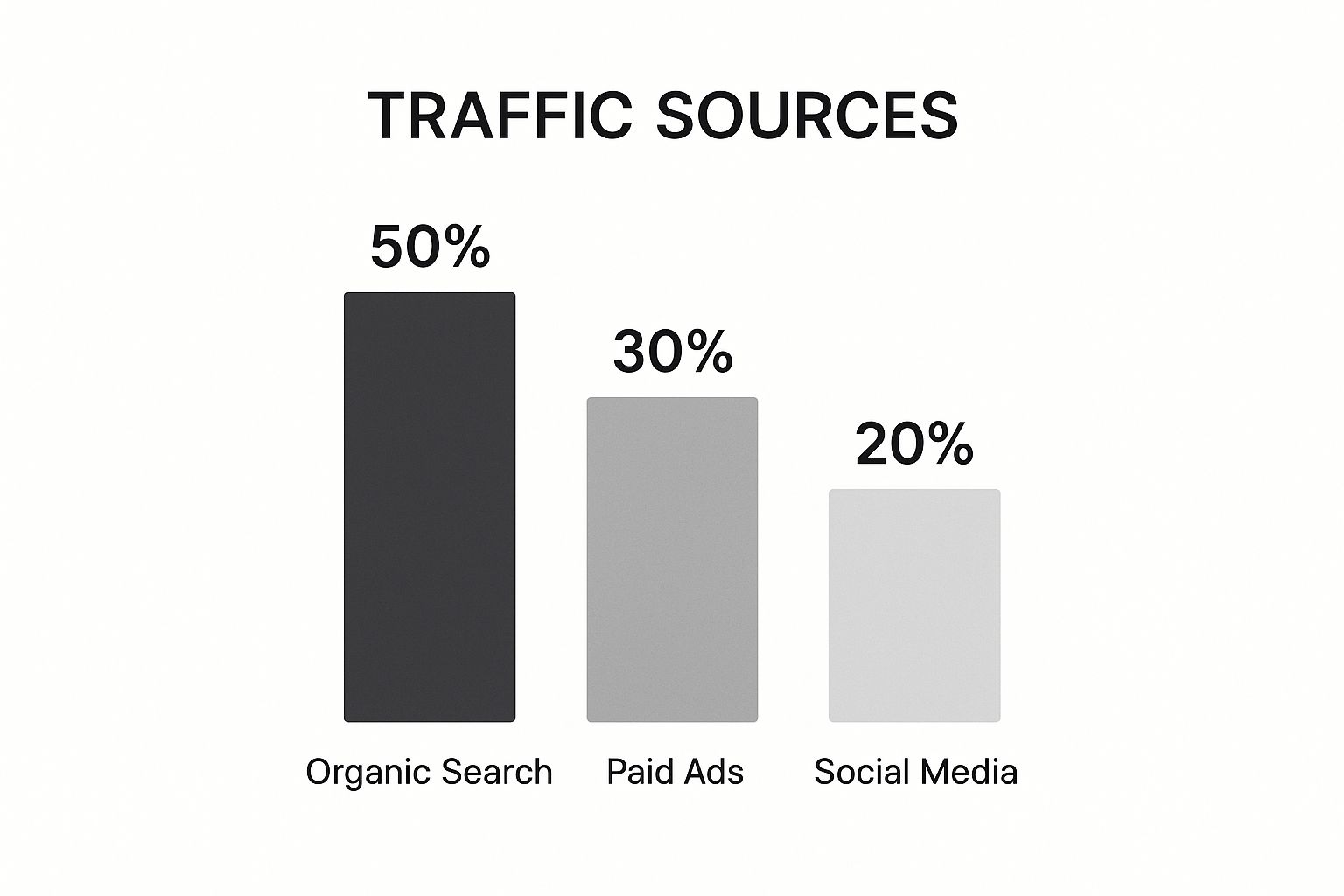 Infographic comparing traffic sources: Organic Search (50%), Paid Ads (30%), and Social Media (20%)
