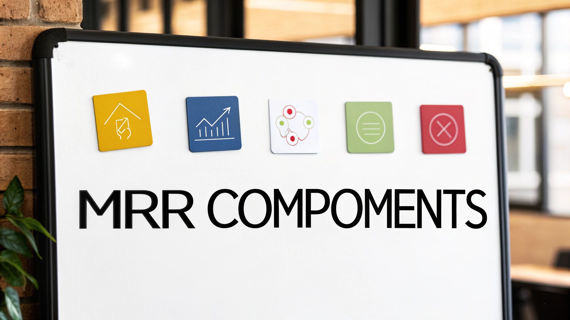 A whiteboard displays 'MRR COMPONENTS' with five icon magnets representing different revenue factors.