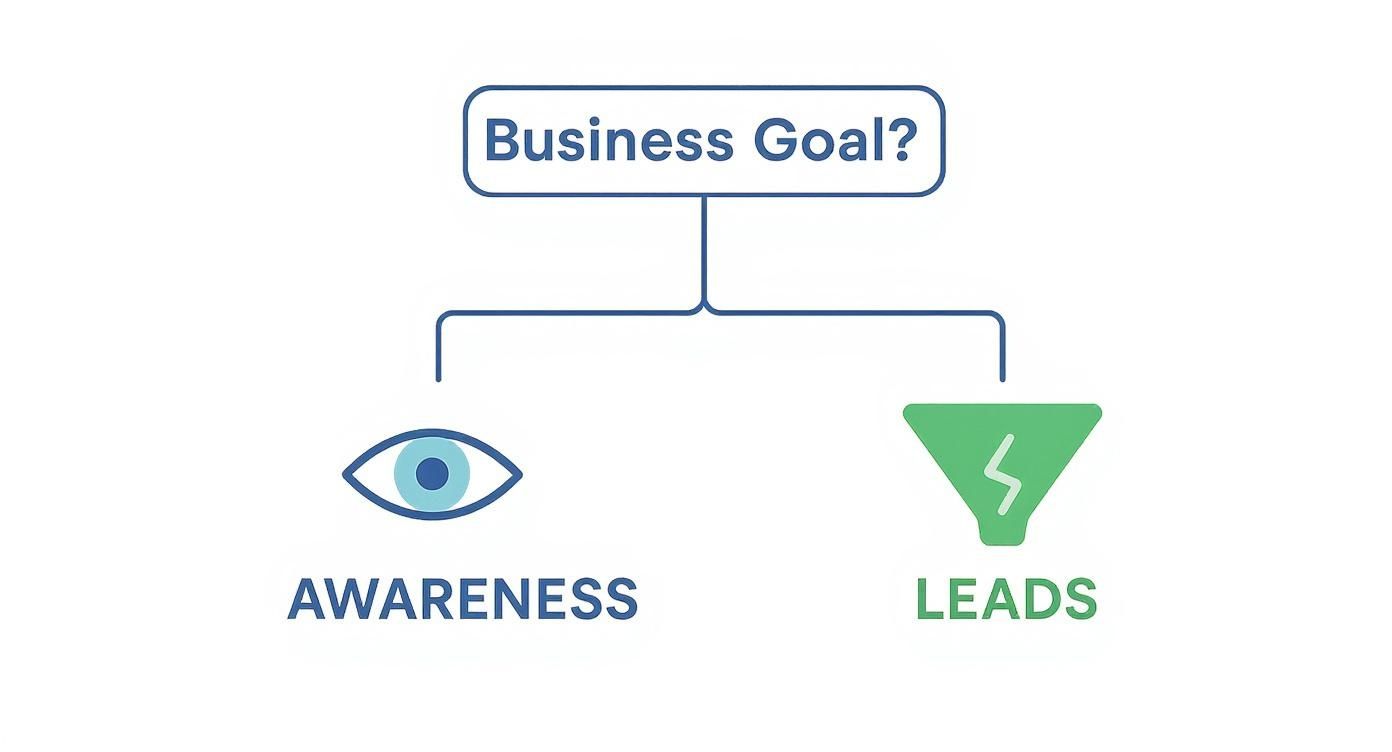 Infographic decision tree about how to measure social media engagement by business goals like brand awareness and leads.
