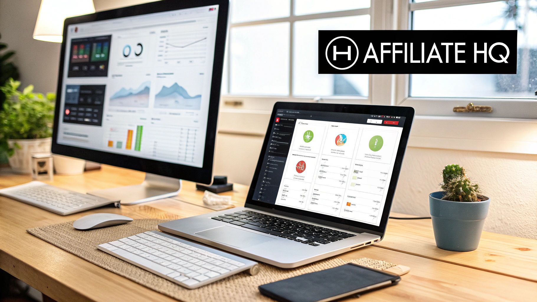 A modern office desk with a monitor and laptop displaying Affiliate HQ analytics dashboards.