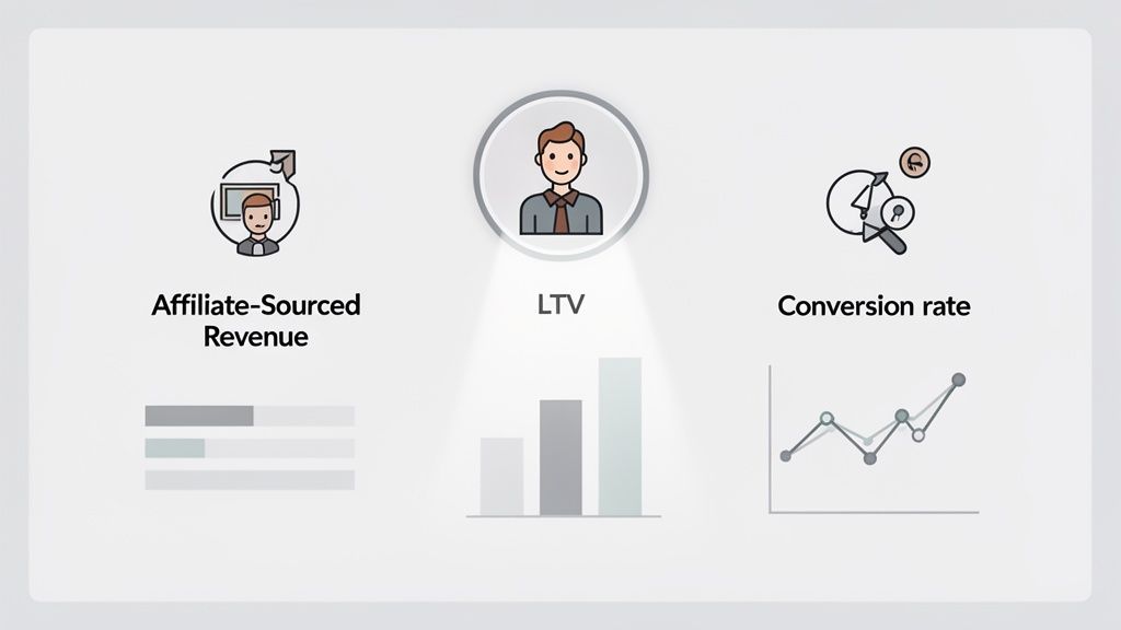 Icons and charts illustrating key business metrics: affiliate-sourced revenue, customer lifetime value (LTV), and conversion rate.