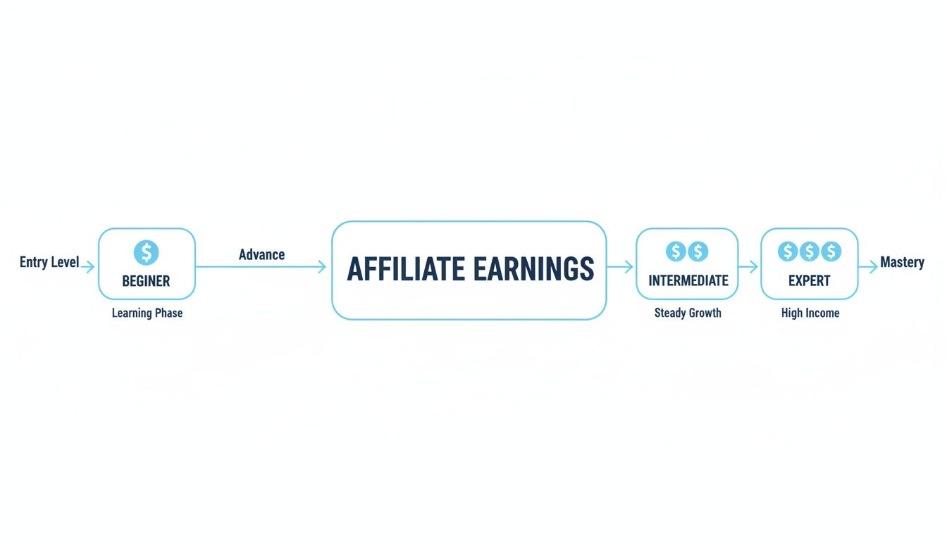 Diagram showing the progression of affiliate earnings from beginner to expert with increasing income.