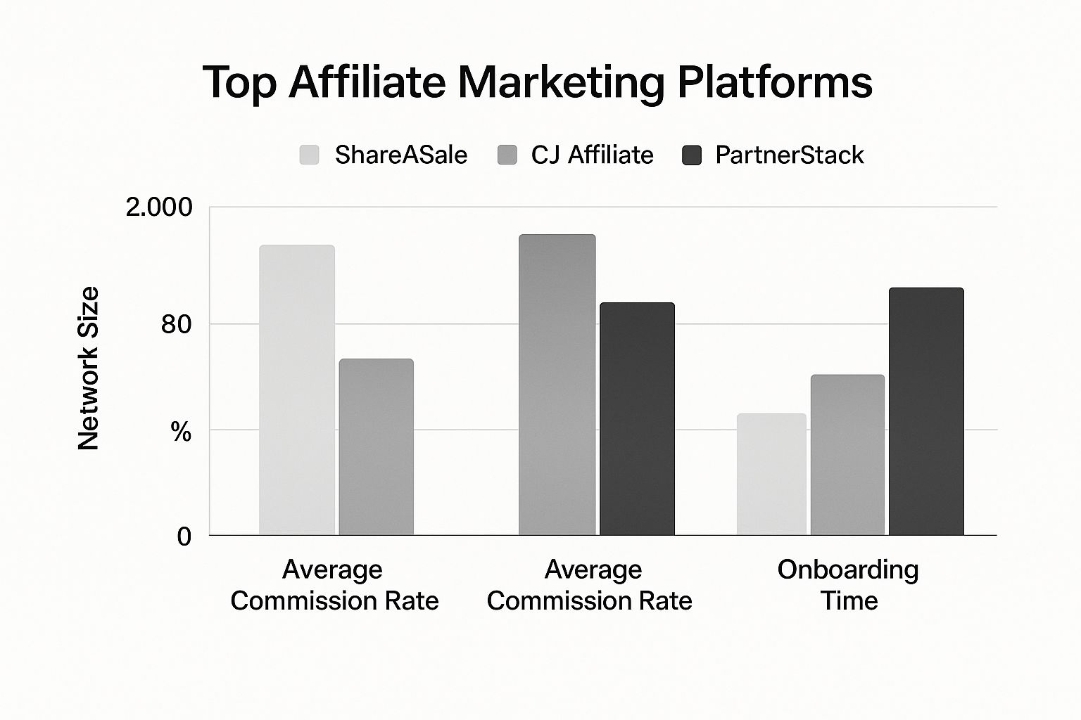 Infographic comparing ShareASale, CJ Affiliate, and PartnerStack on network size, commission rates, and onboarding time.