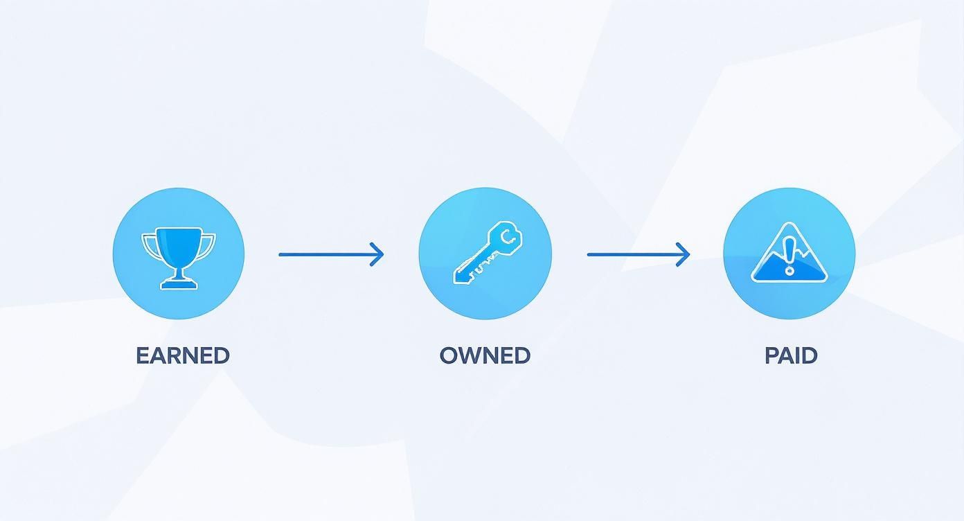 Infographic showing the data gathering process for Share of Voice, with icons for Earned (mentions), Owned (keywords), and Paid (impressions).