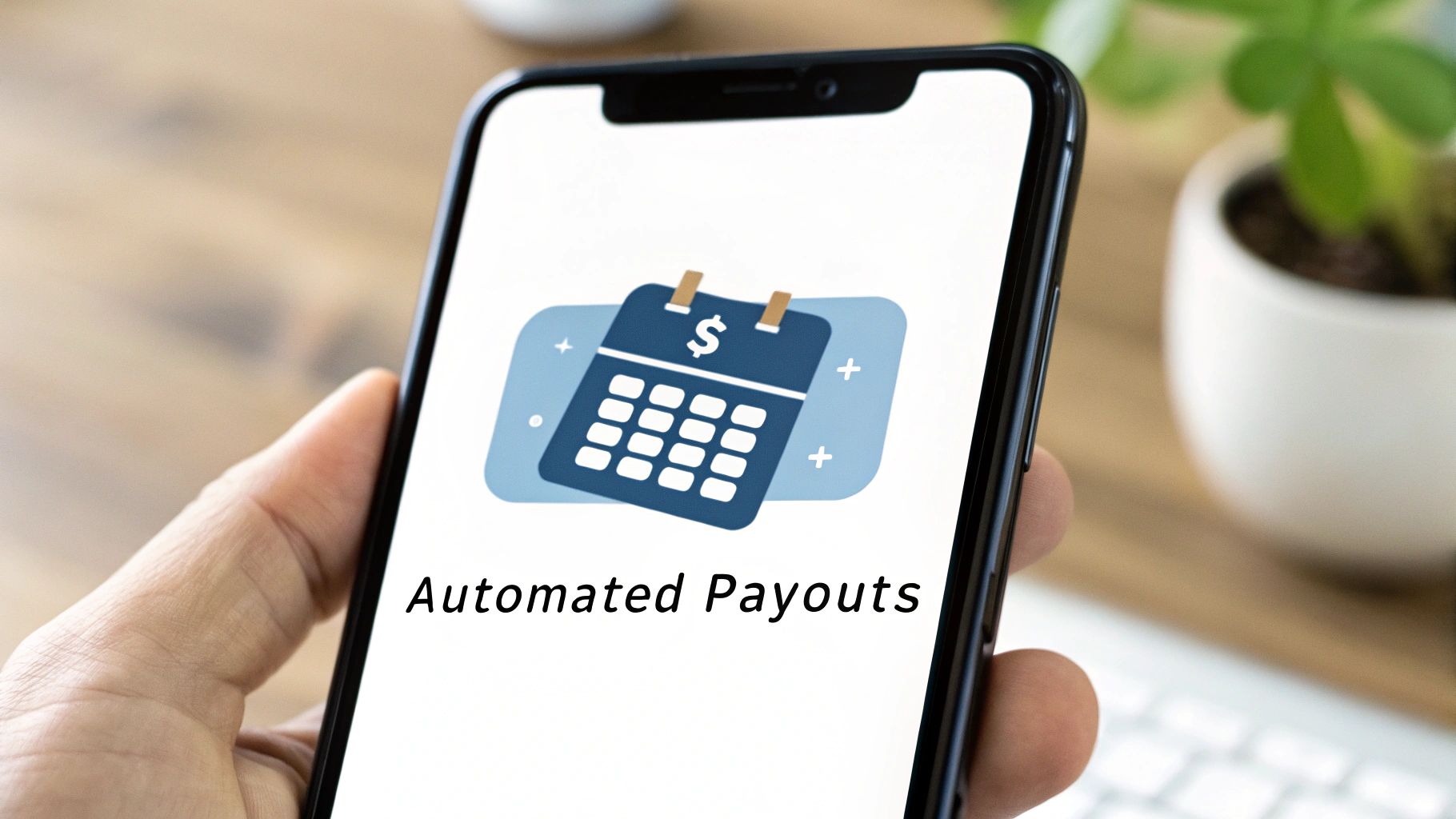 A hand holding a smartphone displaying an app for automated payouts with a calendar and dollar sign icon.