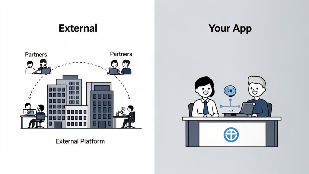 Illustration comparing external partners interacting with a platform versus users engaging with 'Your App' internally.