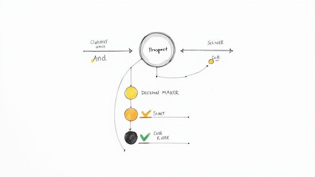 A magnifying glass hovering over a network of professional profiles, symbolizing targeted search and qualification