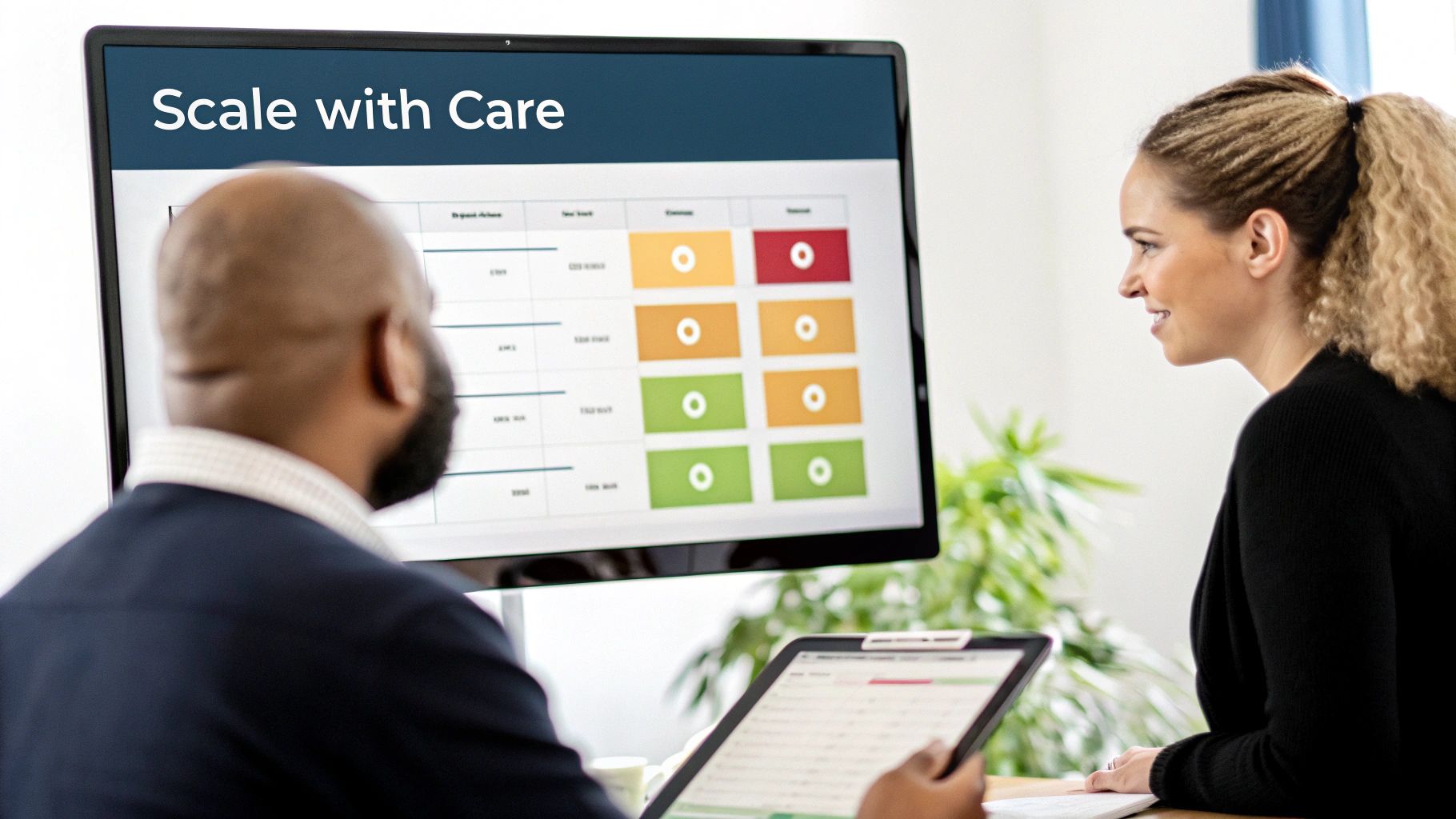 Two diverse professionals review a 'Scale with Care' presentation with data indicators on a large monitor.