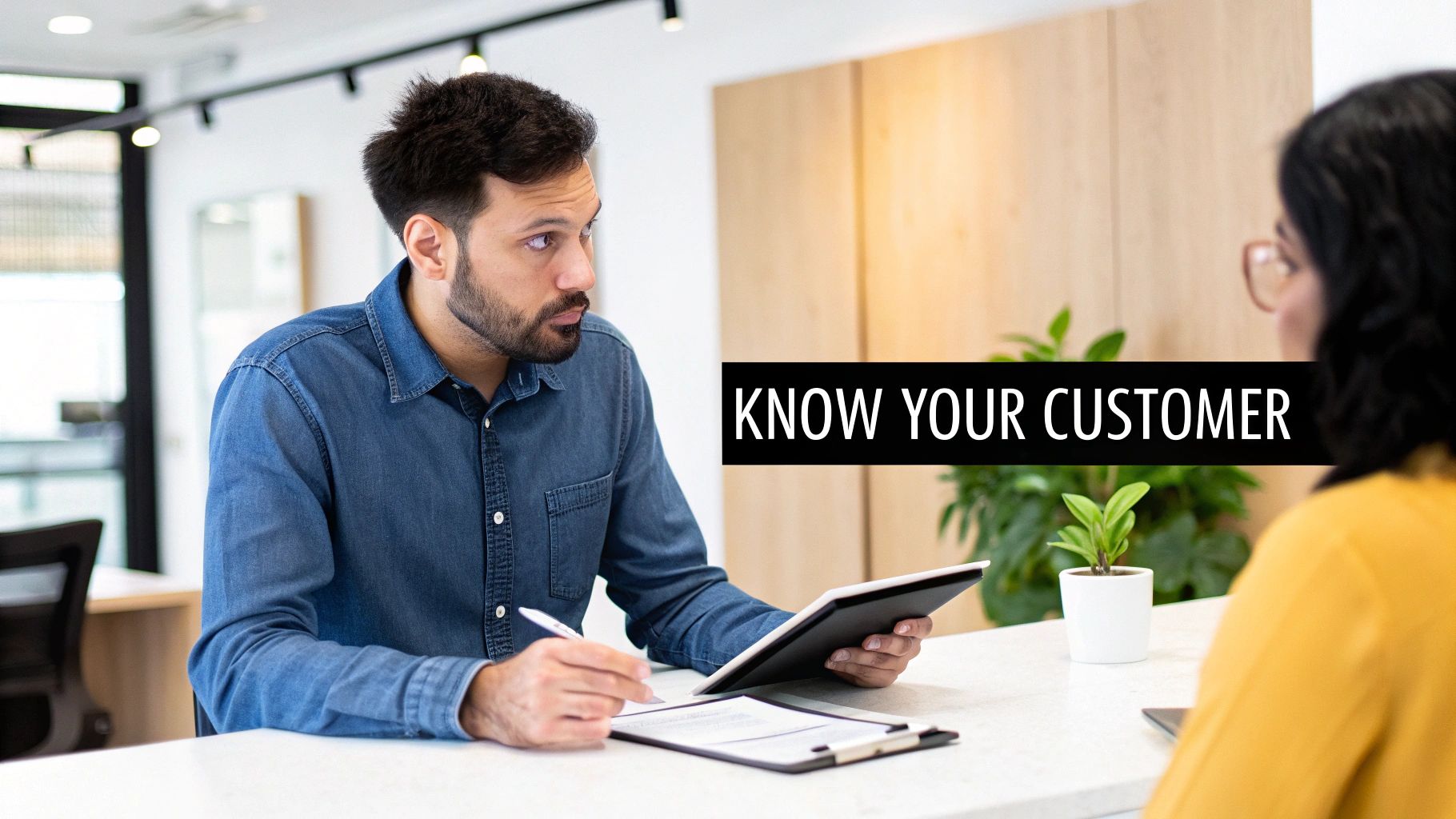 A man and a woman in an office discussing documents and using a tablet, with a "KNOW YOUR CUSTOMER" text overlay.